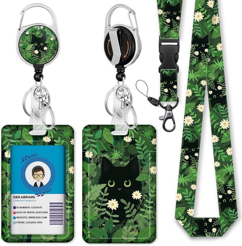 GIANCOMICS Lanyards for Id Badges, Black Cat ID Badge Holder with Lanyard Badge Reel Retractable, Plant Lanyard with ID Holder Keychain Clip Name Tag Cute ID Card Holder for Teacher Women Work Office - Image 1